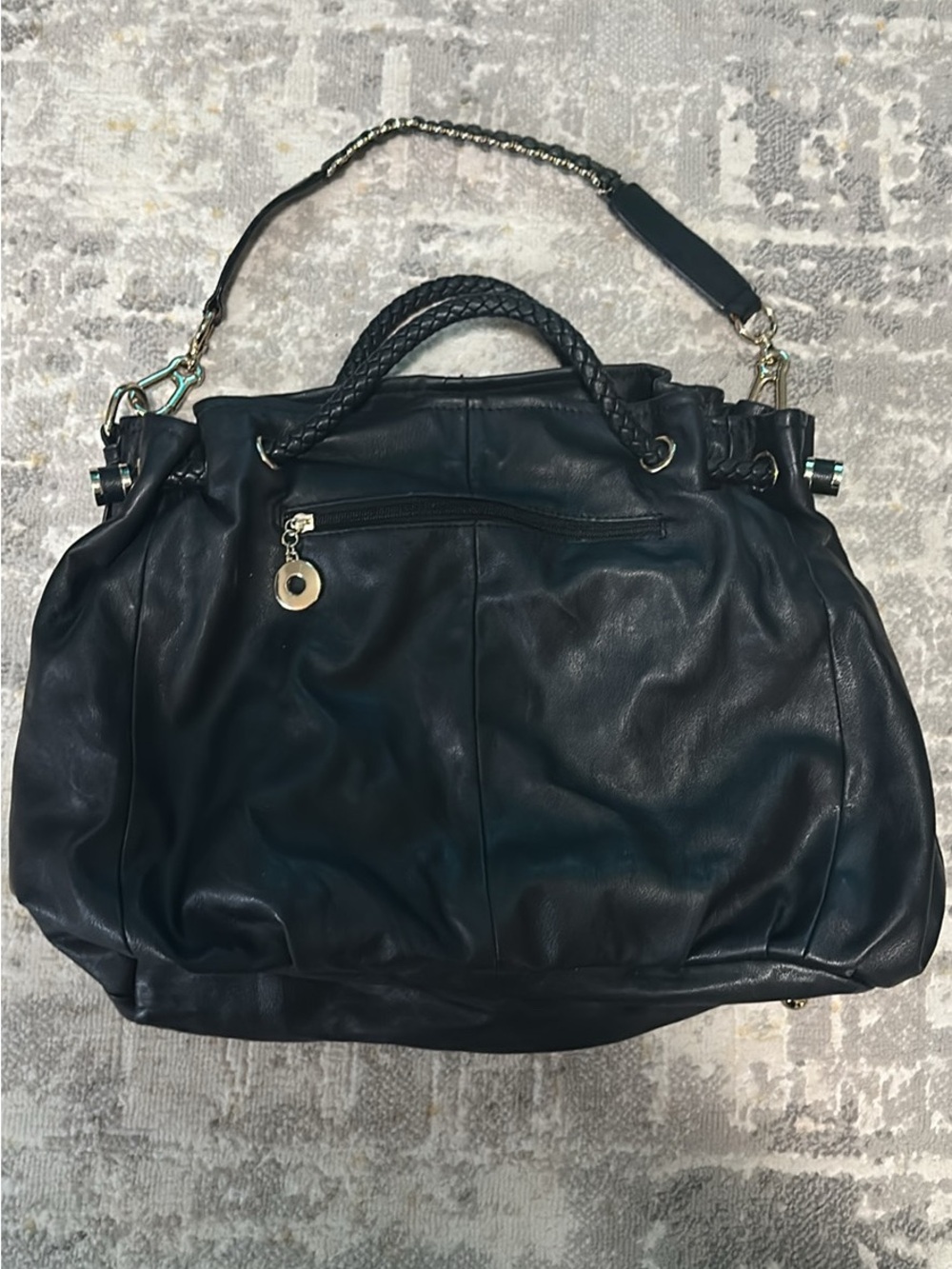 Classic Black Leather Shoulder Bag with Braided Handle